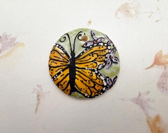 Monarch Butterfly by Damyanah Studio, Small Pendant, Hand Painted and Hand Glazed Stoneware Pendant