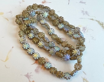 Catus Flower Beads, Czech Glass Pressed Beads, 9mm, Gold with Etched AB Finish, 25 Beads Per Strand