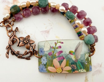 Ruby Red Throat Hummingbird Bracelet with Rubies, Pearls and Apatite Gemstones