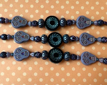 Purple Czech Glass Bead Strand: Sugar Skulls, Melon Beads (7 Inch)