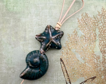 Starfish and Nautilus Ceramic Pendant, Large Hole Seashell Pendant Beads, Set of Two