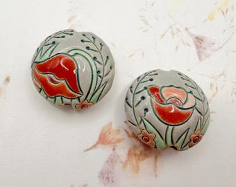 Field Poppies with Wild Grasses, Stoneware Lentil Shaped Beads, Both Sides Pictured