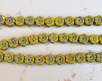Hibiscus Czech Glass Flower, 10mm, Opaque Sunflower Yellow with Turquoise Finish, Table Cut Czech Glass Hibiscus Flowers, 12 Flowers