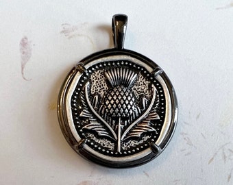 Thistle Reproduction Pendant, Worn Silver Plated Brass, Round Pendant with Attached Gunmetal Bail and Prong Bezel, Pendant, 28mm Round