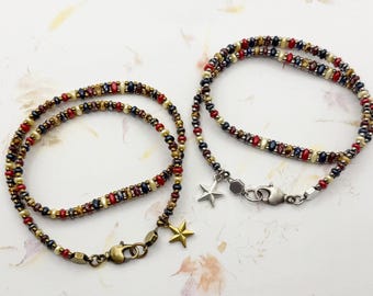 Old Glory, Double Wrap SuperDuo Bracelet, Antique Brass or Antique Silver, The Colors of a Vintage American Flag and a Star Charm