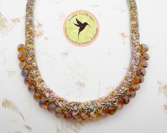Cottage Garden, Beaded Kumihimo Necklace With Gorgeous Berlini Ribbon And Hand Dyed Variegated Gimp, Accented With Artisan Teardrop Beads