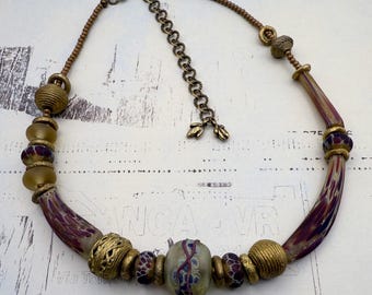 Golden Autumn, Lampwork Necklace, OOAK Beaded Jewelry, Hollow Glass Beads, Statement Necklace