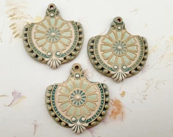 Baroque Flower Stoneware Pendant Bead, Handcrafted Glazed Stoneware, Light Blue Aqua