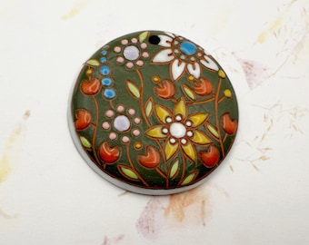 New! Blooming Wildflowers On Green Clay, Round Pendant, Large Pendant, Artisan Focal Beads, Golem Design Studio Beads