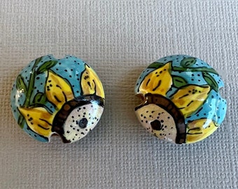 Sunflowers, Sunflowers in Blue Sky, Lentil Shaped Ceramic Bead, Hand Crafted Artisan Beads