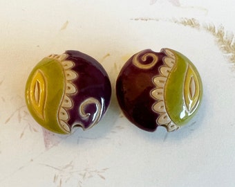 Set of 2, Paisley Stoneware Puffed Lentil Shaped Beads, Purple and Lime