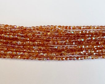 4mm  Crystal Orange Rainbow Fire Polish Beads, Round Faceted 4mm Fire Polish Beads, 50 Beads Per Strand