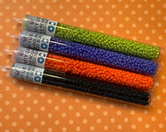 Miyuki Halloween Seed Beads Size 8, 22 Gram Tubes, 1 of Each Color, Matte Black, Opaque Orange and Chartreuse, Dyed Opaque Bright Purple