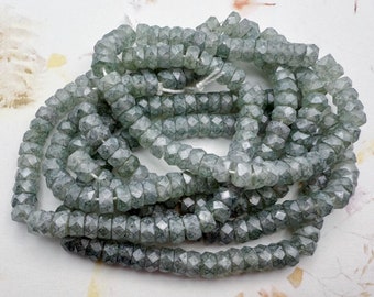 Faceted Heishi or Rondelle Beads, 3x6mm, Czech Glass, Stone Green Luster Finish, 50 Beads Per Strand, Flat Faceted Heishi or Rondelle Beads