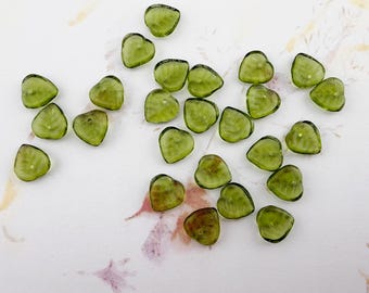 Olivine, Czech Glass Etched Leaf Beads, Top Drilled, 9mm