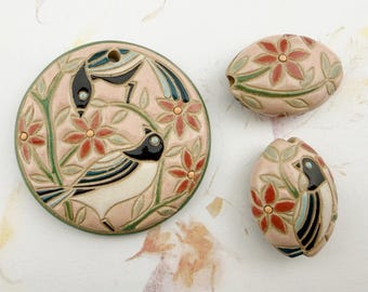 Magpie Stoneware Set, 45mm Pendant and Two Accent Beads