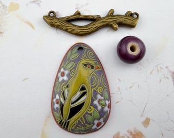Yellow Bird Pendant, Decorative Design Elements, Bronze Branch Connector, Set of 3