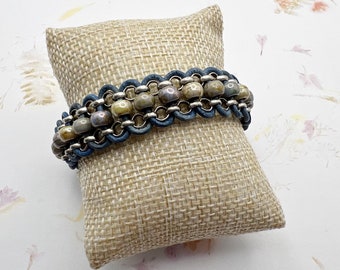 Blue Leather and Picasso Beads Woven into Antique Silver Rolo Chain, Bracelet, Antique Silver Fold Over Clasp, Handmade