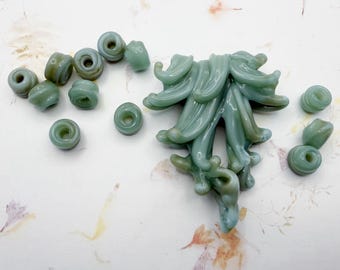 Artisan Lampwork Waterfall Pendant with Twelve Whirled Spacer Beads, Handcrafted Beads, Set of Thirteen Artisan Beads