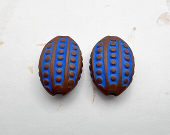 NEW!  Set of Two Beads, One Hundred Eyes Stamped and Pigment Rubbed Almond Shaped Beads, 2 Sided Design, Brown Stoneware Beads