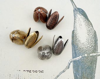 14x20mm Stamped Leaf Bead or Tassel Caps: Plated in the USA Made (Set of 2)