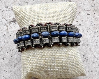 Dumortierite Bracelet: Faceted Blue Stones, Brown Leather & Antique Silver