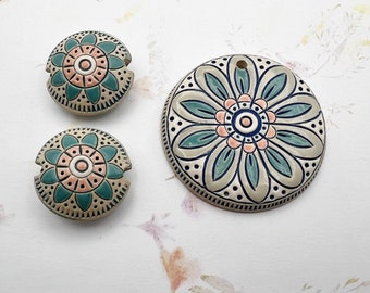 Pink and Turquoise Flower Mandala Stoneware Pendant and Lentils, Large Round Pendant Bead, Set of Three, Golem Design Studio