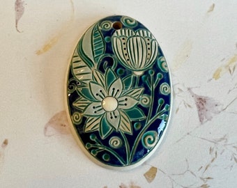 Snow Flower Oval Pendant In Light Blue And Turquoise On Stoneware, Golem Design Studio Beads, Large Oval Pendant, Glazed on Both Sides