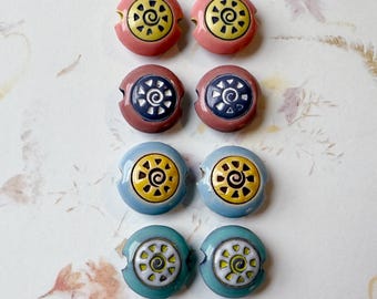 Hand Carved Stoneware Lentil Beads: Sun Swirl Design (Set of 2)