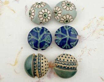 Sets of 2, Medium Lentil Shaped Beads, Artisan Handcrafted, Glazed Stoneware, Large Hole