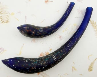 Hand-Blown Borosilicate Crescent Tube Beads, Deep Caribbean Sea, Matte