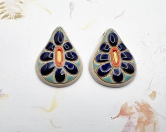 Set of Two, Stylized Flower Design, Drop Shaped Stoneware Beads, Hand carved And Hand Painted, Glazed On Both Sides, Stringing Hole Is 2.6mm