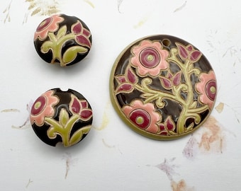 3 Piece Set, Old Lace, Brown, Pink and Rose Lentil Beads, Pendant and Lentil Shaped Ceramic Beads by Golem Design Studio