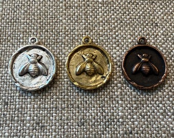 Honey Bee Charms, Select Antique Silver, Gold or Copper Plated, Made in the USA