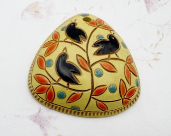 Hand Carved Stoneware Triangle Pendant, Black Birds, Golem Design
