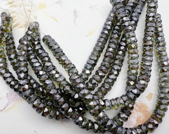 Faceted Heishi or Rondelle Beads, 3x6mm, Czech Glass, Transparent Green Luster, 50 Beads Per Strand, Flat Faceted Heishi or Rondelle Beads