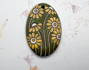 New! Yellow Dasies Oval Pendant on Green Glazed Terra Cotta, Golem Design Studio Beads, Large Oval Blooming Dasies Pendant