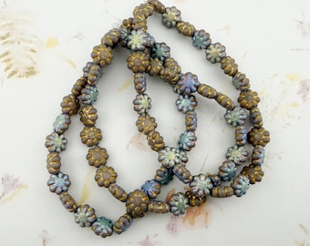 9mm Cactus Flower Beads, Gold with Etched AB Finishes (25/Strand)