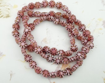 9mm Cactus Flower Beads, Pink and Dusty Rose Czech Glass with a Volcano Wash (25/Strand)