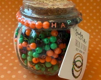 Trick or Treat DIY Bead Kit, Ages 13+, Over 100 Grams of Beads, Directions Included, Glass Pumpkin Storage Container, Happy Halloween