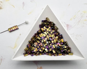 Half Tila, Purple Gold Iris, Miyuki Half Tila in Tubes, 10g Bags, Half Cut 5x2.3mm, 2 Hole Tila