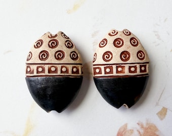 Hand Carved Stoneware Pendant Beads, Dark Blue Glazed, Almond Shaped, Set of Two