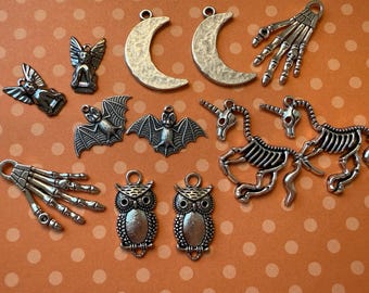 Six Sets of Halloween Charms, Bats, Owls, Moons, Skeleton Unicorns, Skeleton Hands, 6 Sets of Halloween Charms, 12 Charms Total, OOAK