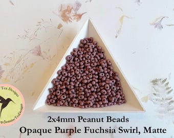 Purple Fuchsia Swirl, Matte Peanut Beads, 2x4mm Peanut Beads, Matsuno Peanut Beads, 32 grams, 6 Inch Tubes, Matte Finish
