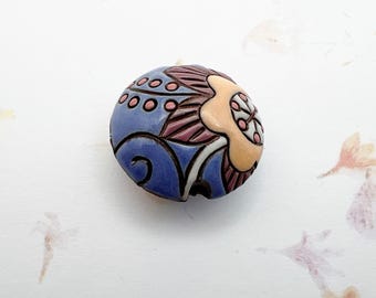 Cotton Flower With Blossoms And Petals, Terracotta Lentil Shaped Bead, Hand Glazed And Hand Carved