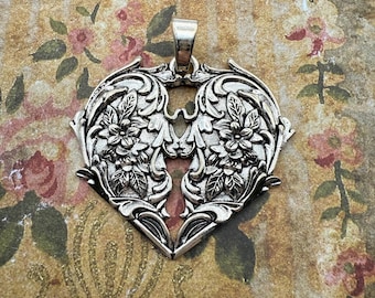 Flower Heart Pendant, Tibetan Silver, Valentine Heart Pendant, Large Heart Pendant, Flower Heart Pendant with Bail