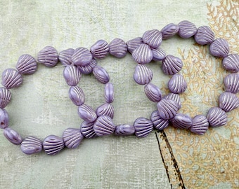 9mm Seashell Beads, Matte Thistle with Metallic Beige Wash, 15 Per Strand