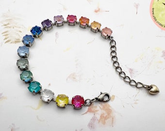Frosted Rainbow Crystal Bracelet, Brilliant 8mm Crystals in the Colors of the Rainbow, European Crystals, Adjustable Length