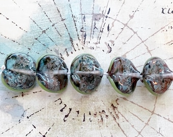 Waterlily Beads by Unicorne Beads, Borosilicate Glass With Dichroic Glass, Blue And Green Tones and Shimmer