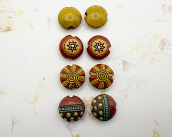 Glazed Terracotta Lentil Beads: Carved Ceramic Pair, 17mm